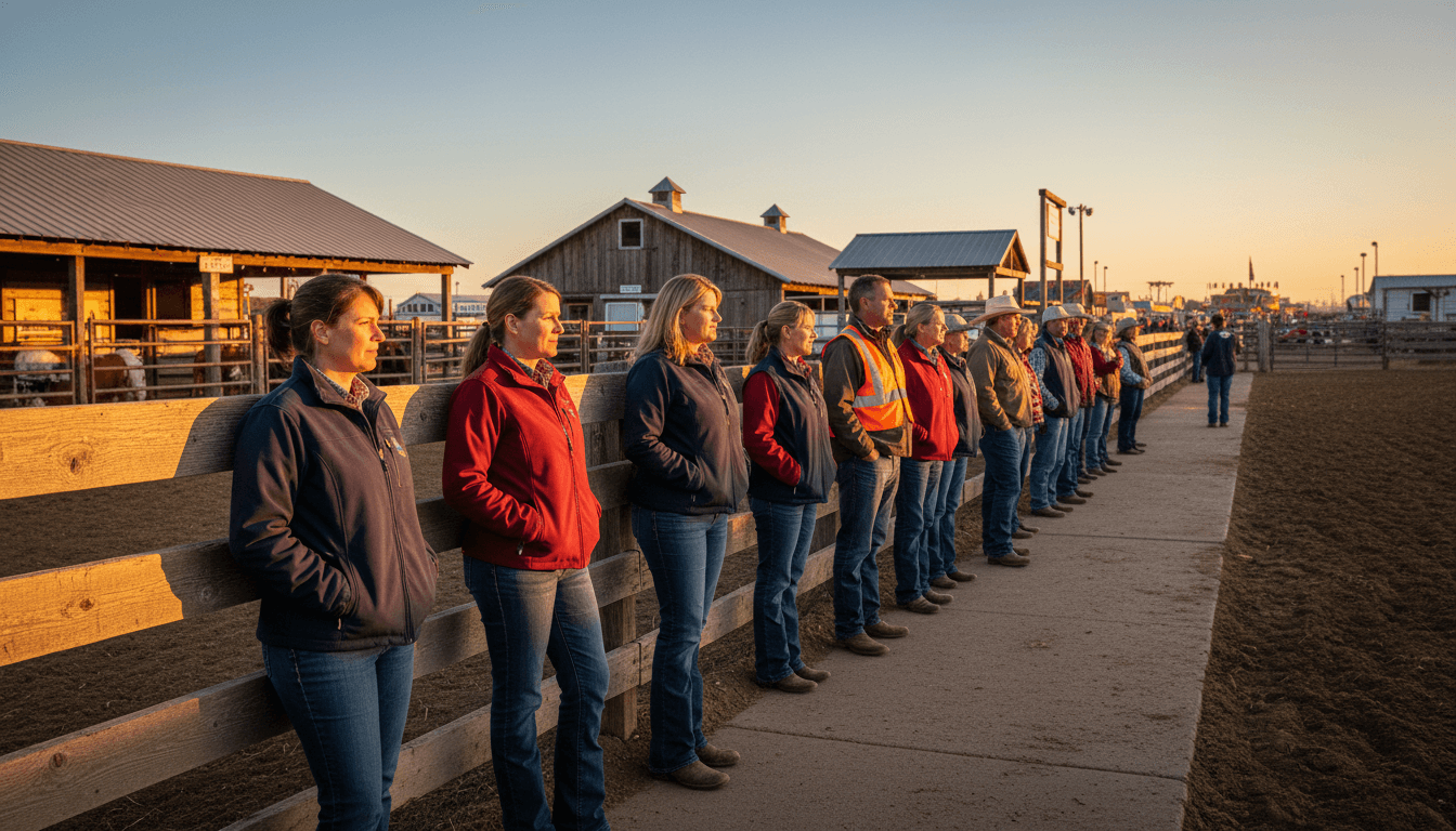 Volunteers wearing branded outerwear and polos along the dirt arena rail at golden hour with barns and western sky in the background